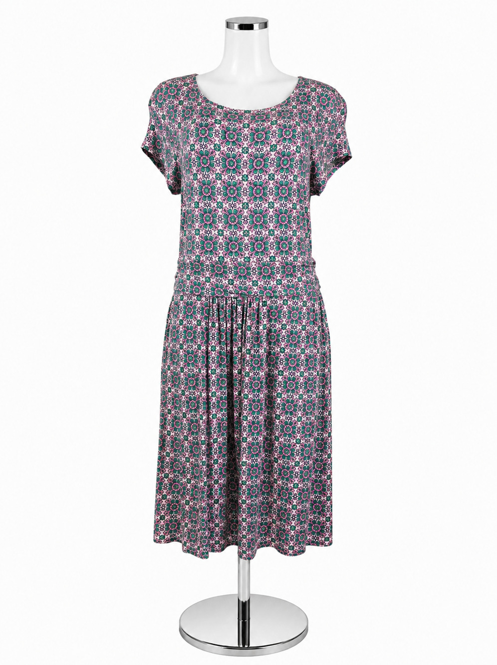 Boden Imogen Jersey Dress US 12L Geometric Tile Print Pink Green Cap Sleeve